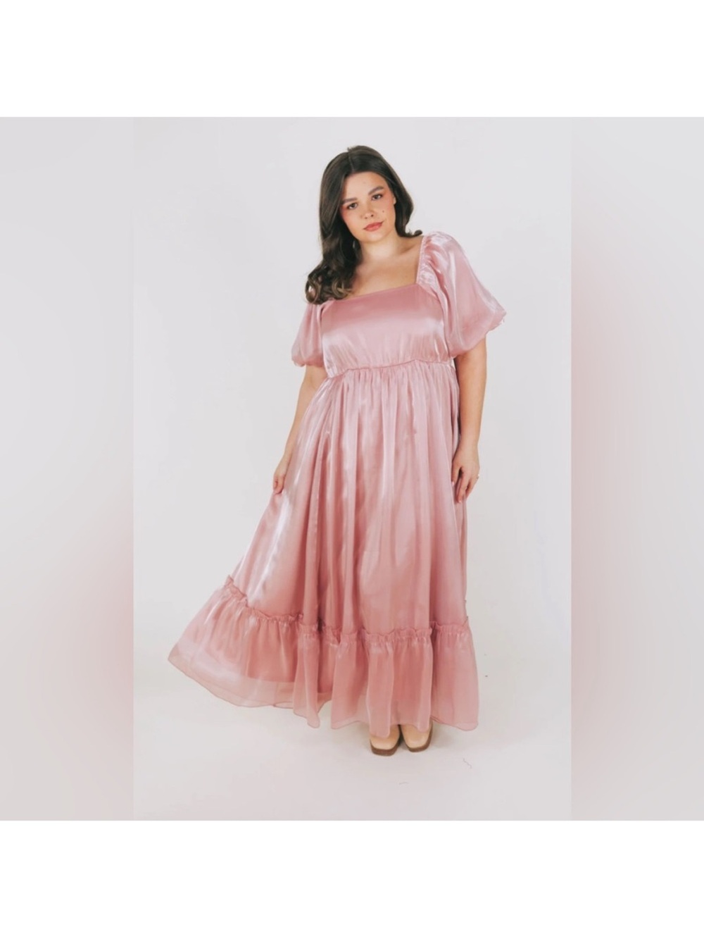Pink Satin Puff-Sleeve Maxi Dress